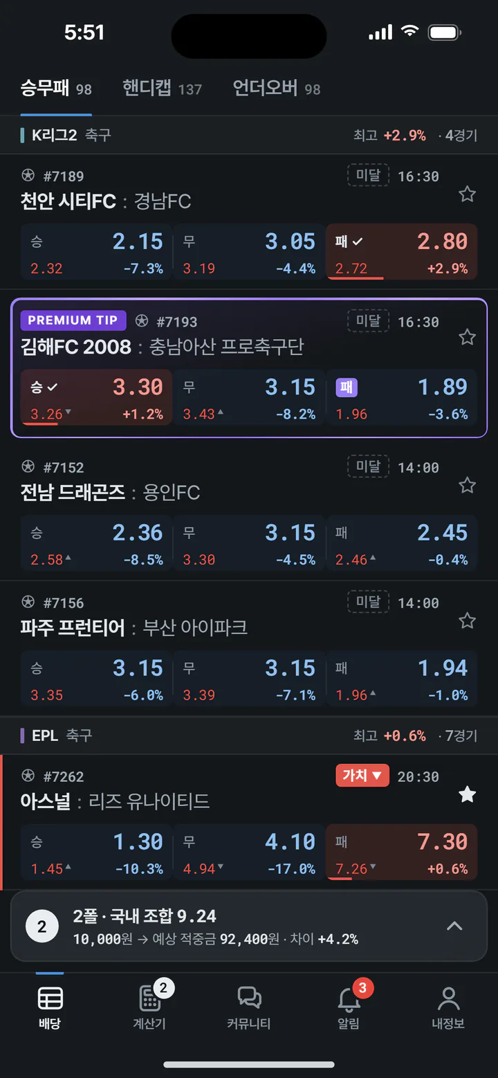 배당 비교 화면 — 경기마다 국내 배당, 해외 배당, 차이율이 한 줄에 놓이고 국내가 높은 칸이 붉게 표시된다